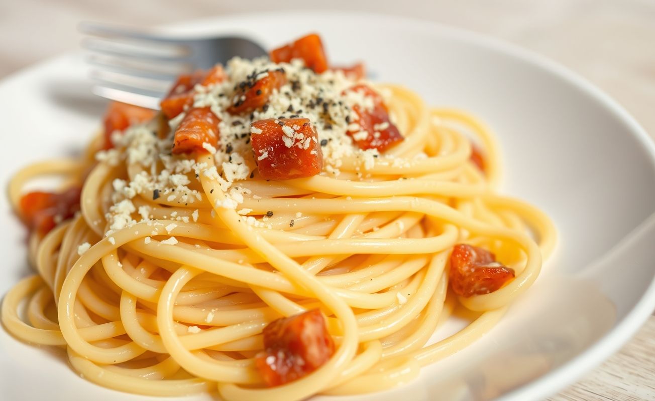 Espaguete à Carbonara cremoso com queijo parmesão ralado e pedaços crocantes de pancetta dourada