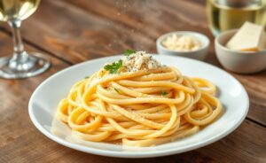 Prato de Fettuccine Alfredo cremoso com massa perfeita, molho cremoso de queijo parmesão e decorado com salsa fresca e pimenta do reino moída na hora