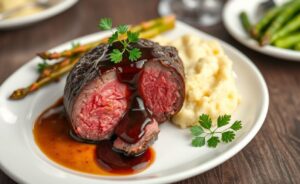 Filé ao Molho Madeira servido em prato branco com molho escuro brilhante, acompanhado de purê de batata e aspargos