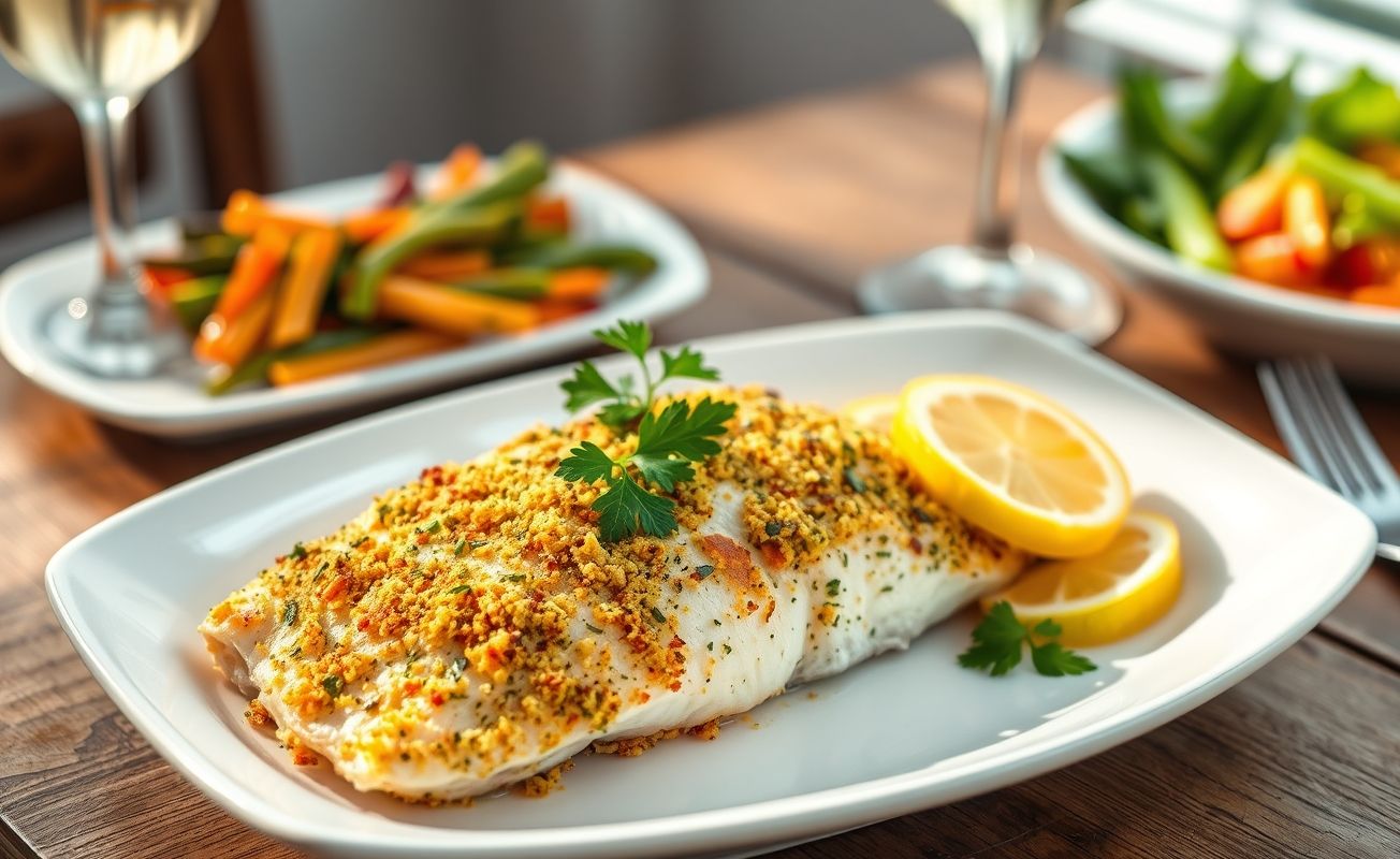 Filé de Tilápia Assado dourado com crosta de ervas, decorado com limão e salsinha, servido em prato branco