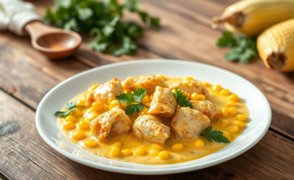 Frango Ao Creme De Milho servido em prato branco com molho cremoso amarelo, pedaços dourados de frango e decoração de salsinha e grãos de milho