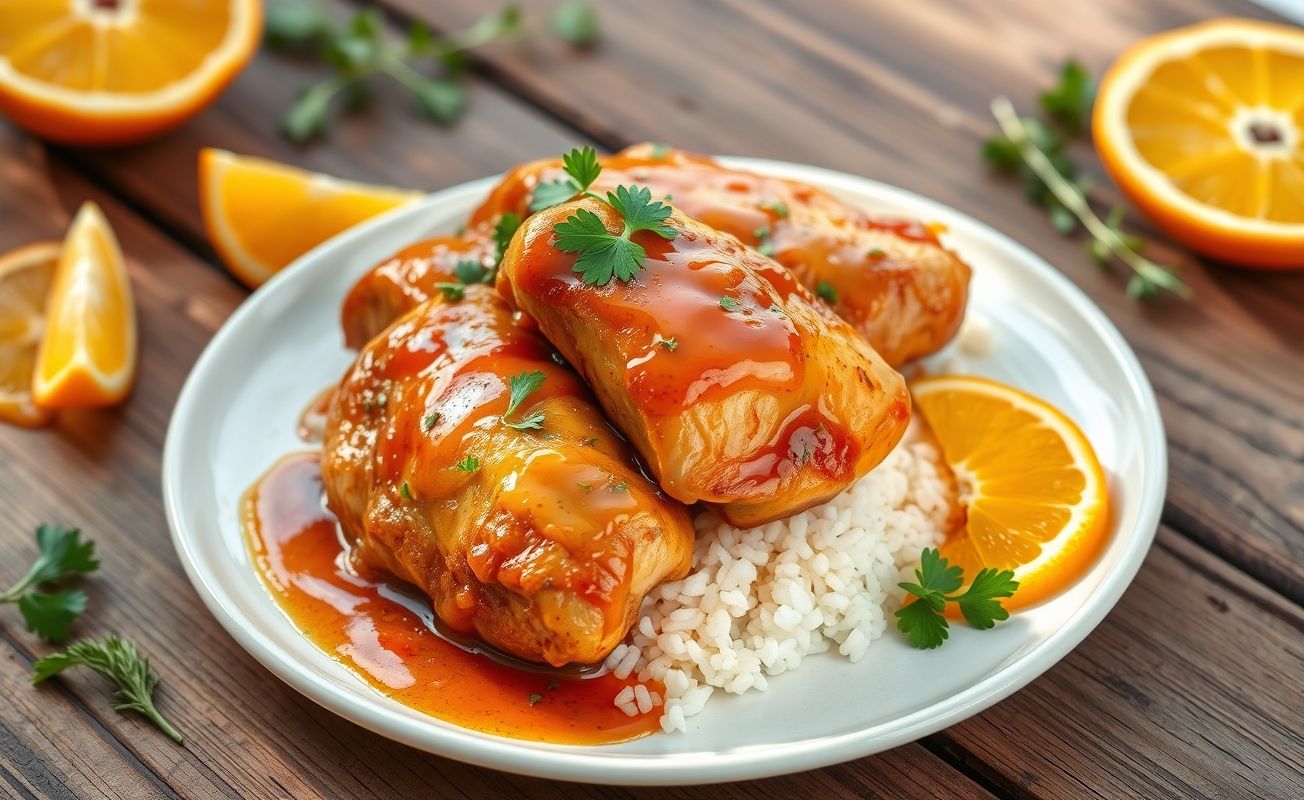 Frango ao Molho de Laranja servido em prato branco com molho brilhante e dourado, acompanhado de arroz e decorado com salsinha