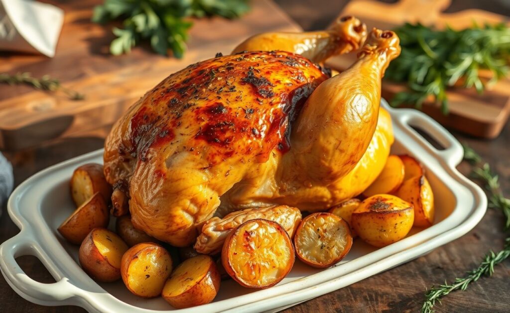 Frango Assado com Batatas dourado e suculento em uma assadeira, acompanhado de batatas crocantes e ervas frescas