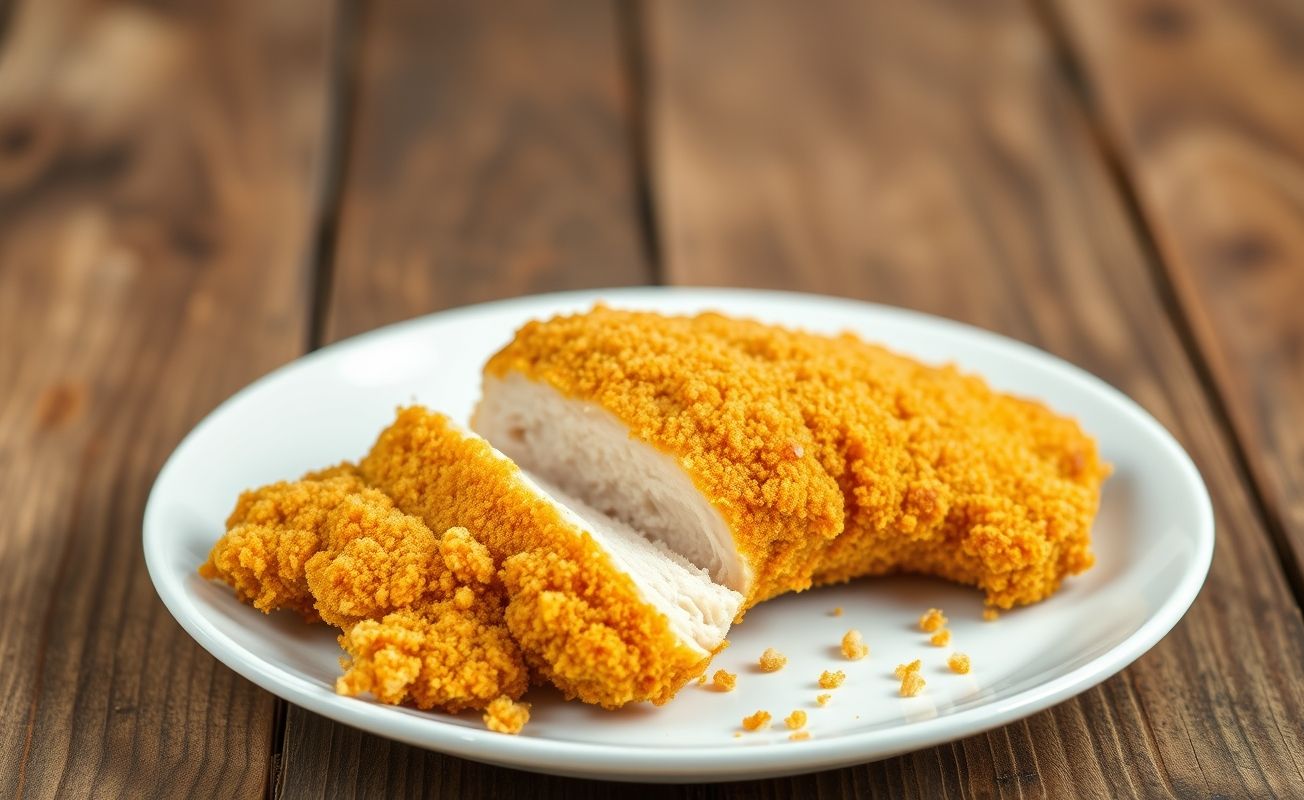 Frango Empanado Crocante dourado servido em prato branco, com migalhas crocantes ao redor e textura visivelmente perfeita