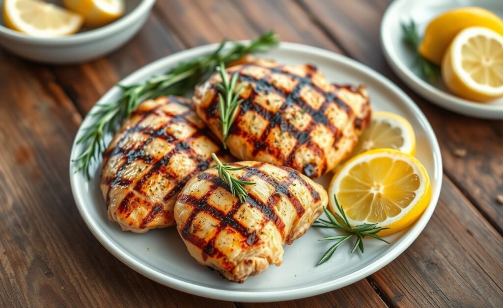 Frango Grelhado com Ervas dourado e suculento, decorado com ramos de ervas frescas e fatias de limão, servido em prato branco