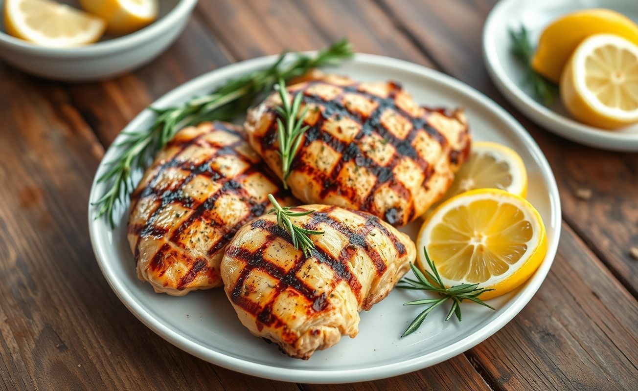 Frango Grelhado com Ervas dourado e suculento, decorado com ramos de ervas frescas e fatias de limão, servido em prato branco