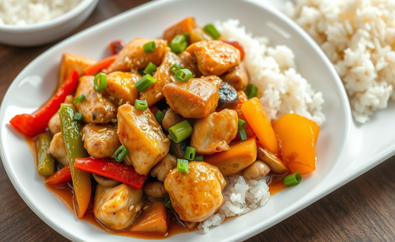 Frango Xadrez Fácil servido em prato branco com pedaços de frango dourado, legumes coloridos e molho brilhante, acompanhado de arroz branco