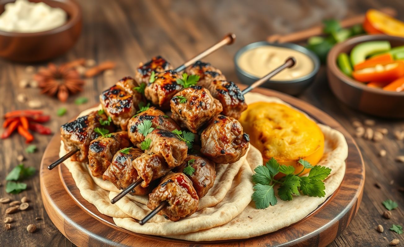 Kafta no Espeto grelhado dourado servido em espetos sobre pão árabe, acompanhado de homus e salada fresca