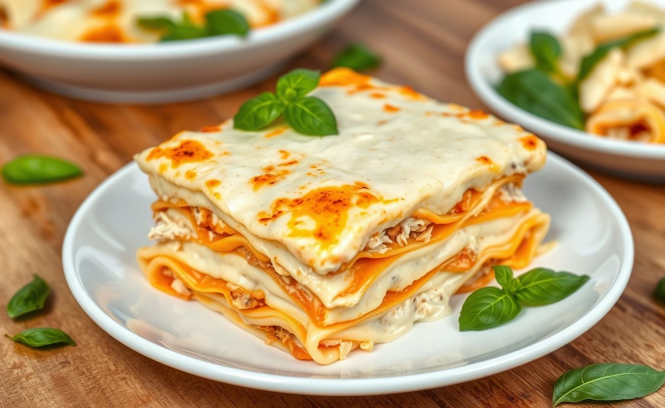 Lasanha de Frango com Molho Branco servida em prato branco, com camadas visíveis e queijo derretido dourado no topo.