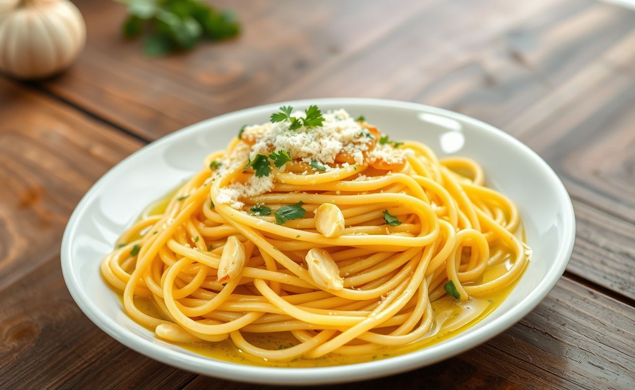 Macarrão ao Alho e Óleo servido em prato branco com alho dourado, salsinha fresca e queijo parmesão ralado por cima