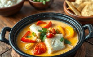 Moqueca de Peixe servida em panela de barro com peixe branco, molho cremoso amarelo-alaranjado, pimentões coloridos e coentro fresco por cima