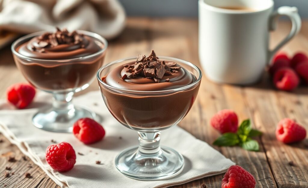 Taça individual de Mousse De Chocolate Meio Amargo cremoso, decorado com raspas de chocolate e servido em copo transparente sobre mesa rústica