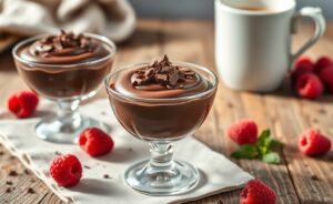 Taça individual de Mousse De Chocolate Meio Amargo cremoso, decorado com raspas de chocolate e servido em copo transparente sobre mesa rústica