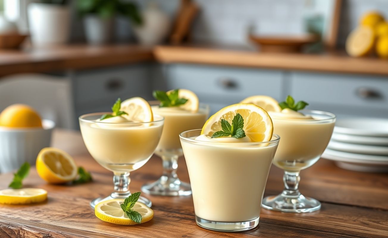 Mousse de Limão Simples servido em taça transparente com decoração de fatia de limão e folha de hortelã, textura cremosa e cor amarelo-claro