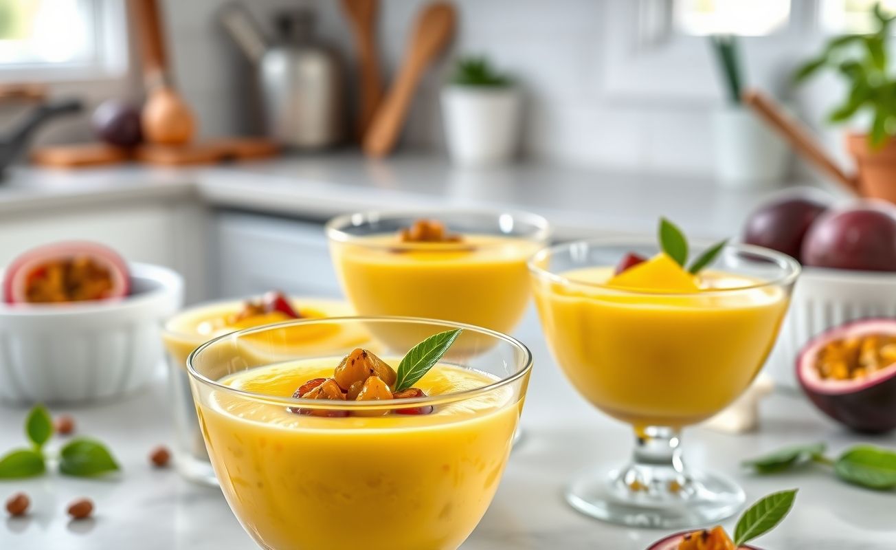 Mousse de Maracujá Rápido servido em taça transparente, com textura cremosa e decorado com polpa de maracujá fresco