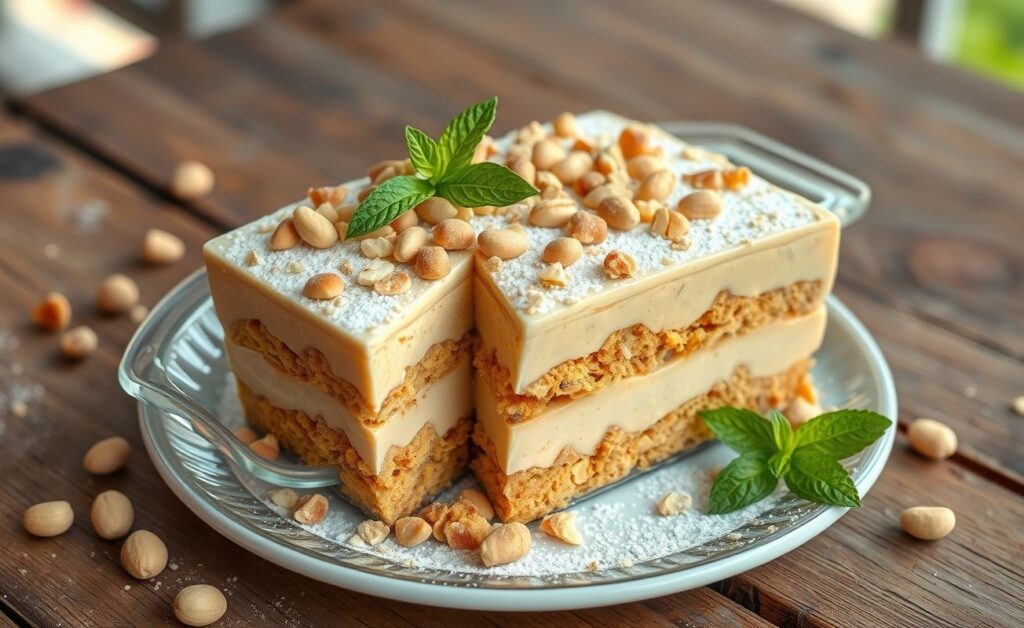 Paçoca na Travessa servida em travessa de vidro mostrando camadas cremosas com paçoca e biscoito triturado