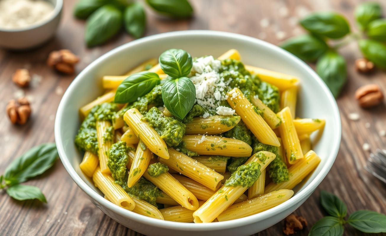 Penne ao Molho Pesto servido em tigela branca, com massa al dente coberta por molho pesto verde vibrante e decorado com folhas de manjericão fresco