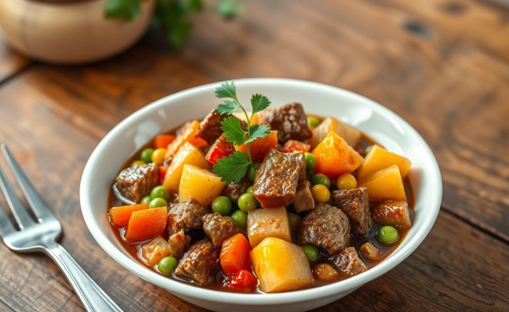 Picadinho De Carne Com Legumes servido em tigela branca com cubos de carne macia, legumes coloridos e molho encorpado, decorado com salsinha fresca