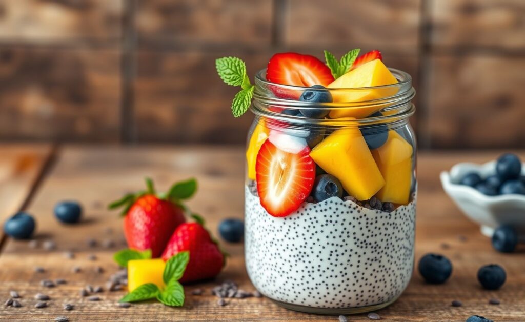 Pudim de Chia com Frutas servido em taça transparente mostrando camadas cremosas cobertas por morangos, manga e mirtilos frescos, decorado com folhas de hortelã