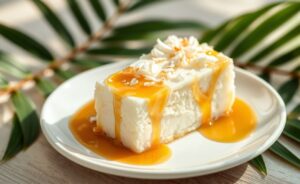 Fatia de Pudim De Coco Gelado servido em prato branco com calda dourada escorrendo e coco ralado por cima