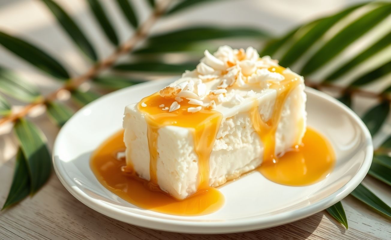 Fatia de Pudim De Coco Gelado servido em prato branco com calda dourada escorrendo e coco ralado por cima