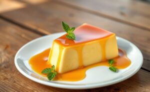 Fatia de Pudim de Leite Condensado cremoso com calda dourada escorrendo, servida em prato branco com decoração simples