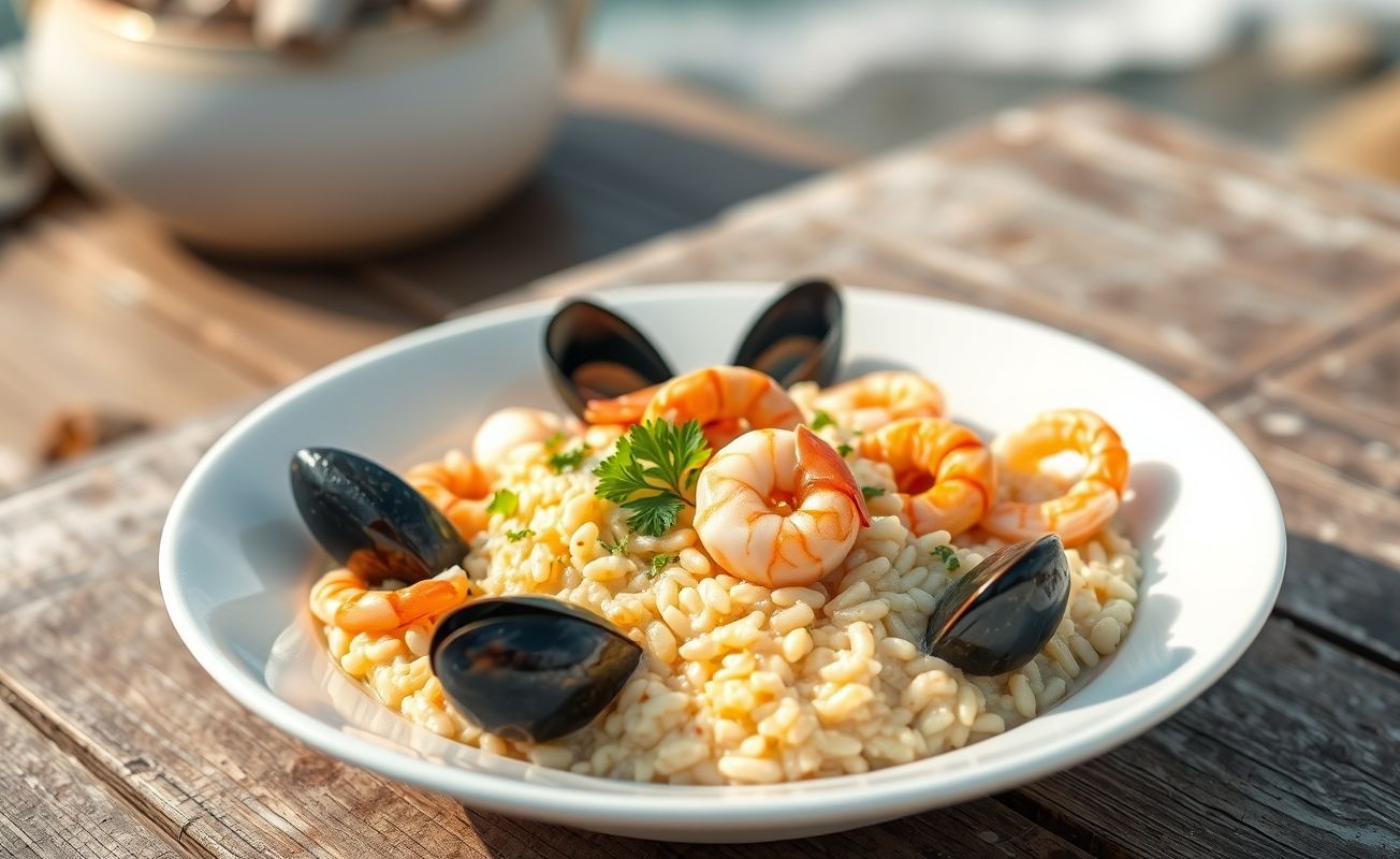 Risoto de Frutos do Mar cremoso com camarões, mexilhões e lulas, decorado com salsinha fresca em prato branco
