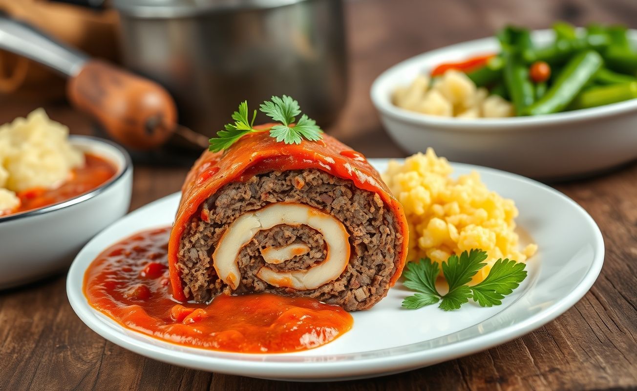 Fatia de Rocambole De Carne Moída mostrando camadas de carne recheada com presunto e queijo, coberta com molho de tomate e acompanhamentos