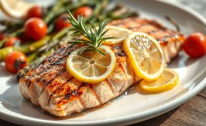 Salmão Grelhado com Limão Siciliano servido em prato branco, com filé dourado decorado com rodelas de limão e alecrim fresco