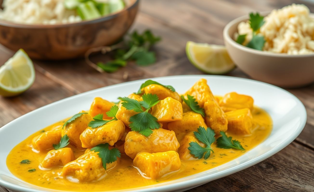 Tirinhas De Frango Ao Curry douradas em molho cremoso de curry amarelo, decoradas com coentro fresco e servidas com arroz branco