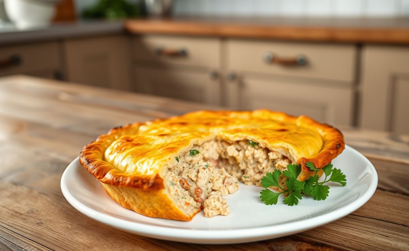Torta De Atum assada com massa dourada e recheio cremoso visível em uma fatia, decorada com salsa fresca