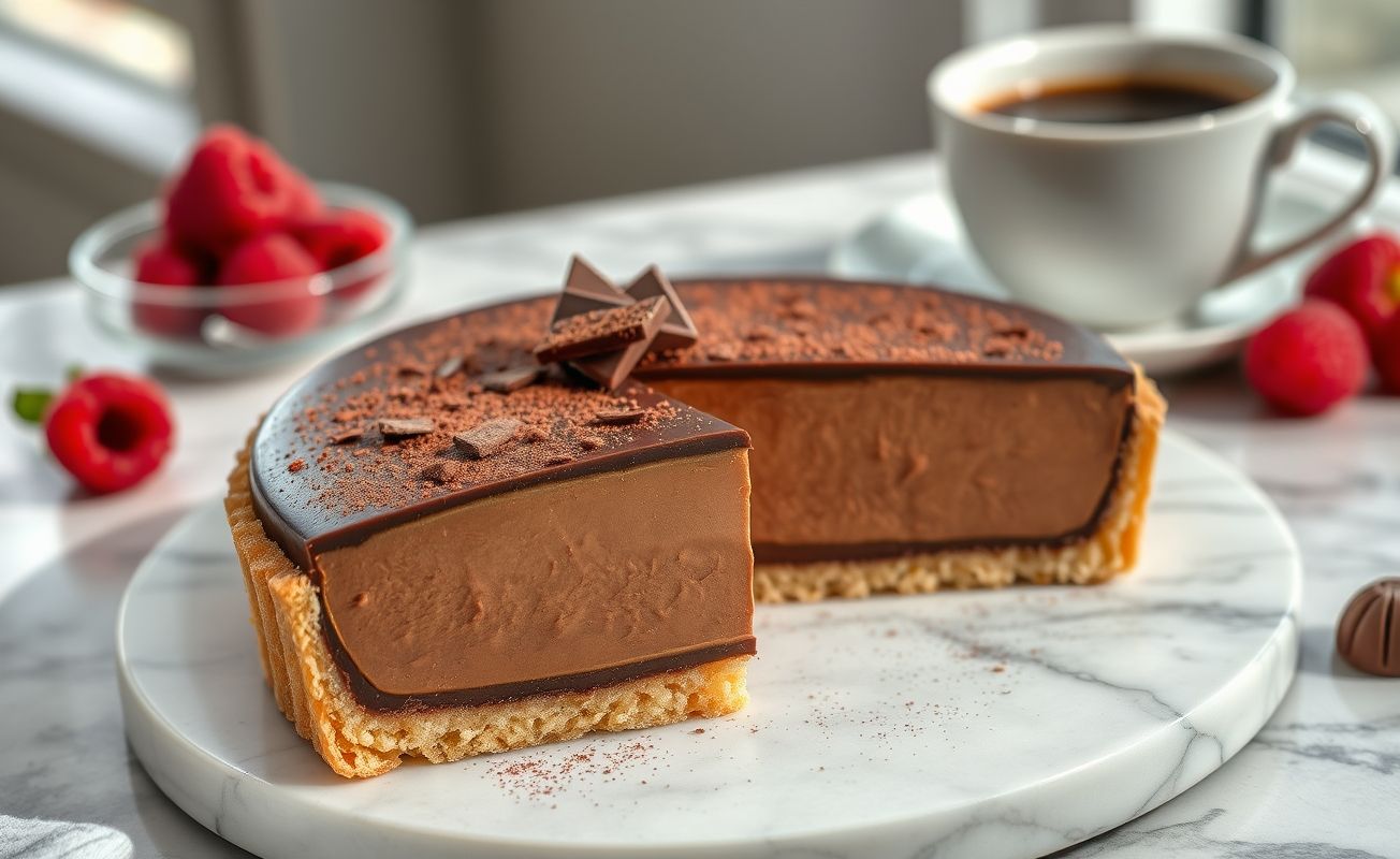 Fotografia realista de uma Torta De Chocolate Trufada cortada, mostrando o recheio cremoso e a base crocante, decorada com raspas de chocolate.