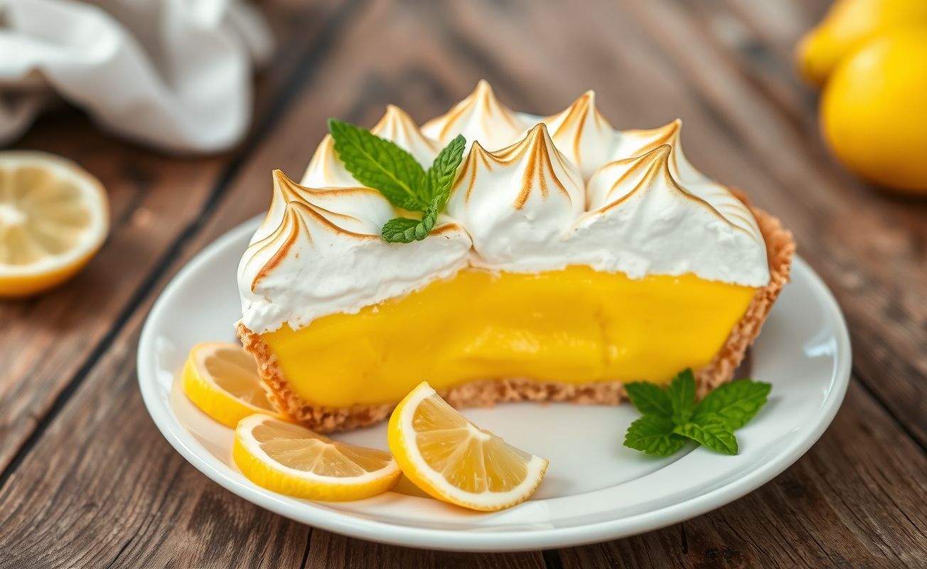 Torta De Limão Com Merengue caseira com merengue dourado, creme amarelo e massa crocante, decorada com fatias de limão