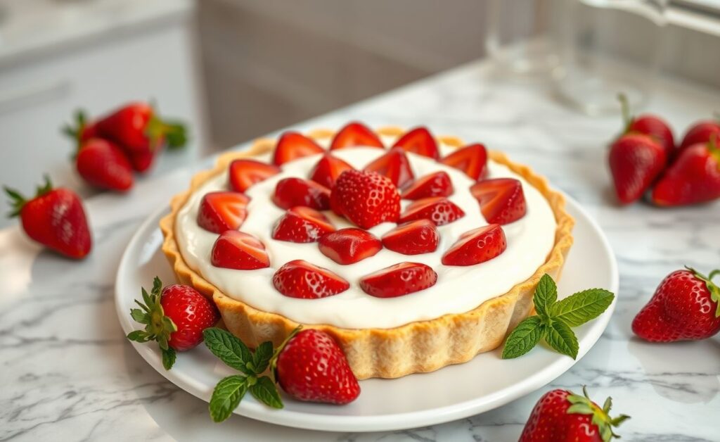 Torta De Morango Com Creme com morangos frescos sobre creme branco liso em base crocante, decorada elegantemente em prato branco