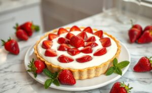 Torta De Morango Com Creme com morangos frescos sobre creme branco liso em base crocante, decorada elegantemente em prato branco