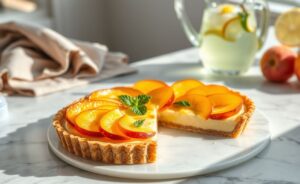 Torta De Pêssego Gelada cremosa com fatias de pêssego douradas sobre uma base crocante, servida em prato transparente