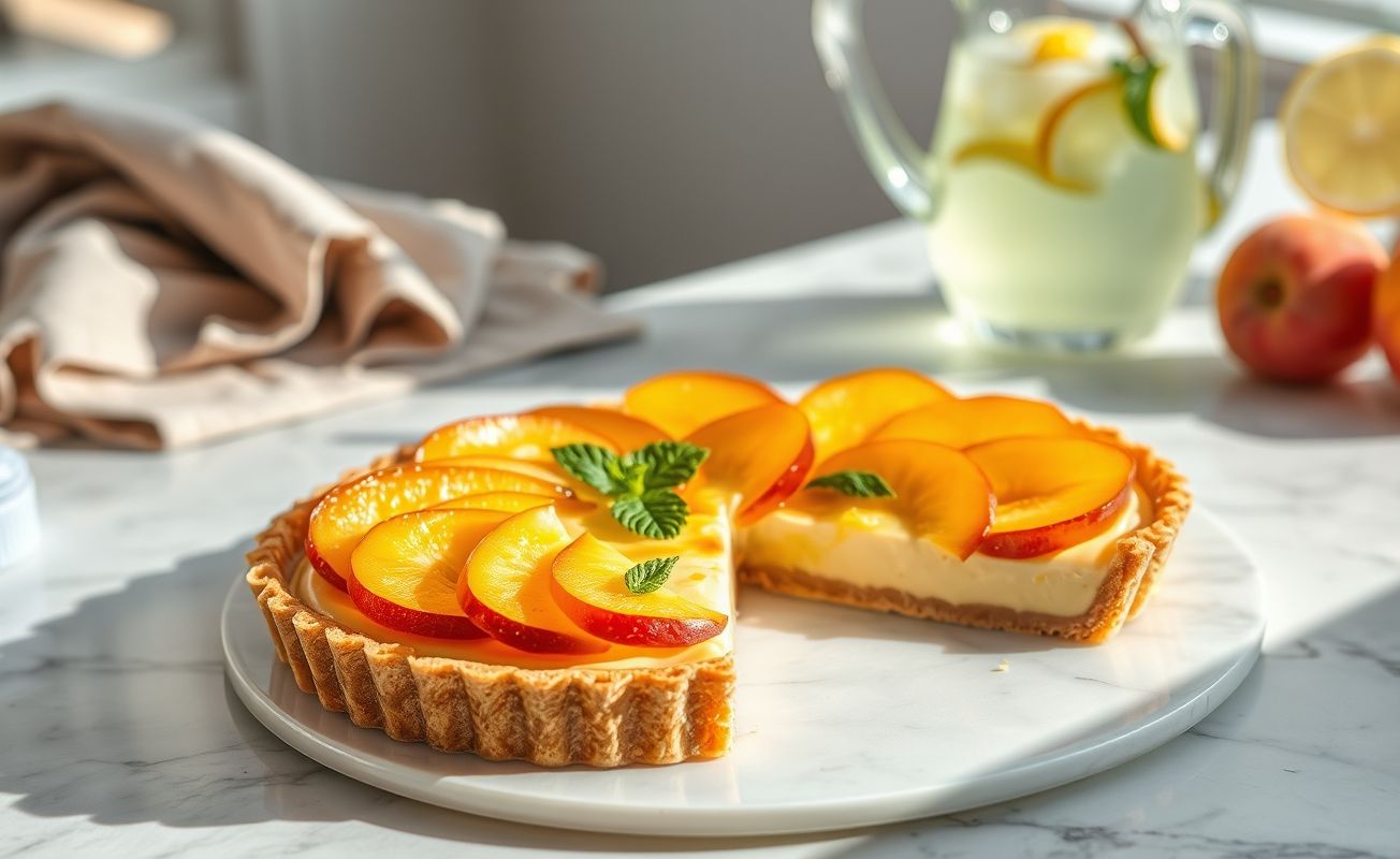 Torta De Pêssego Gelada cremosa com fatias de pêssego douradas sobre uma base crocante, servida em prato transparente