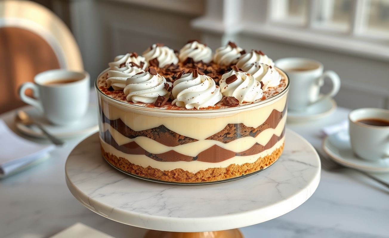 Torta Holandesa Clássica servida em fatias mostrando camadas cremosas alternadas entre chocolate e baunilha, com chantilly e raspas de chocolate no topo