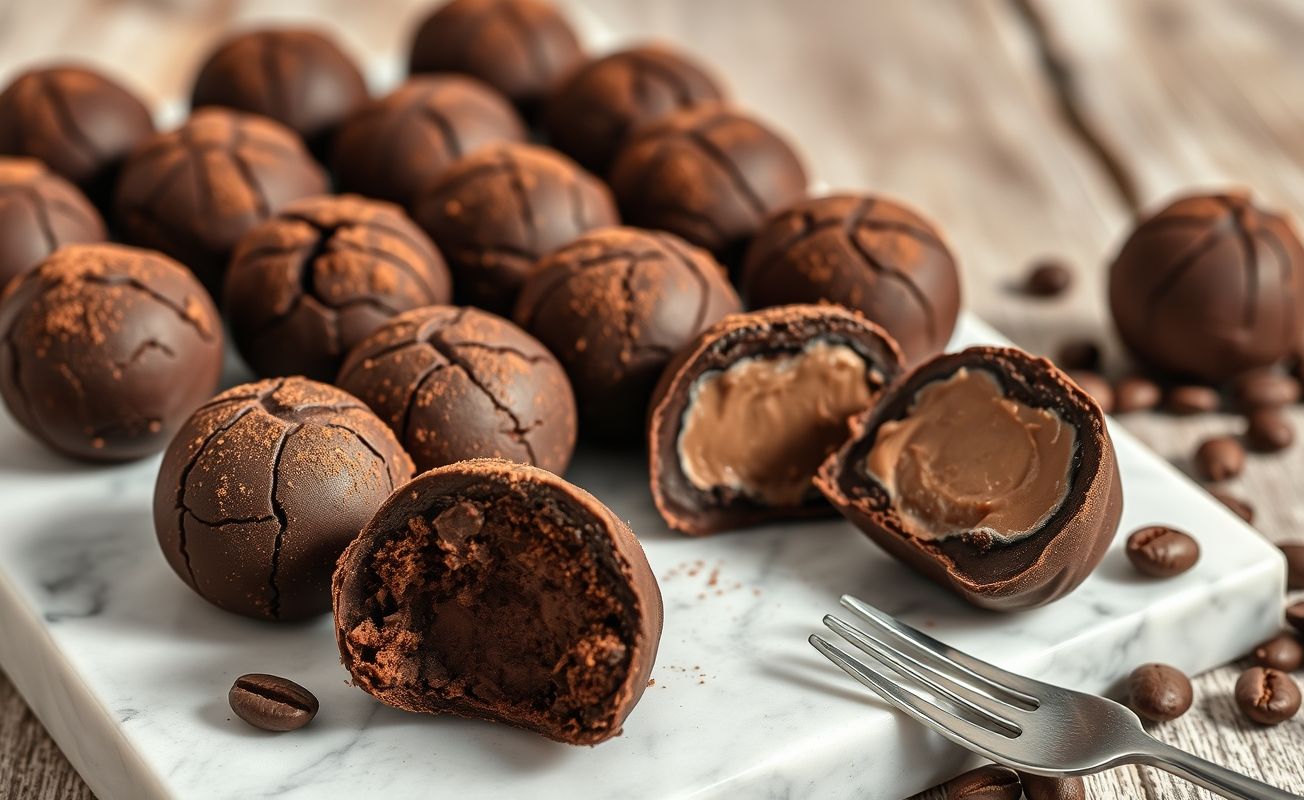 Trufas de Chocolate Meio Amargo redondas cobertas com cacau em pó, mostrando textura cremosa e aparência convidativa