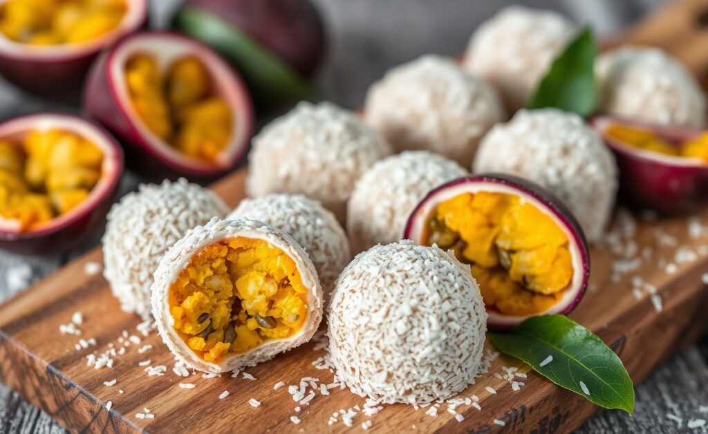 Trufas de Maracujá cobertas com coco ralado, dispostas em tábua de madeira com decoração de maracujá fresco