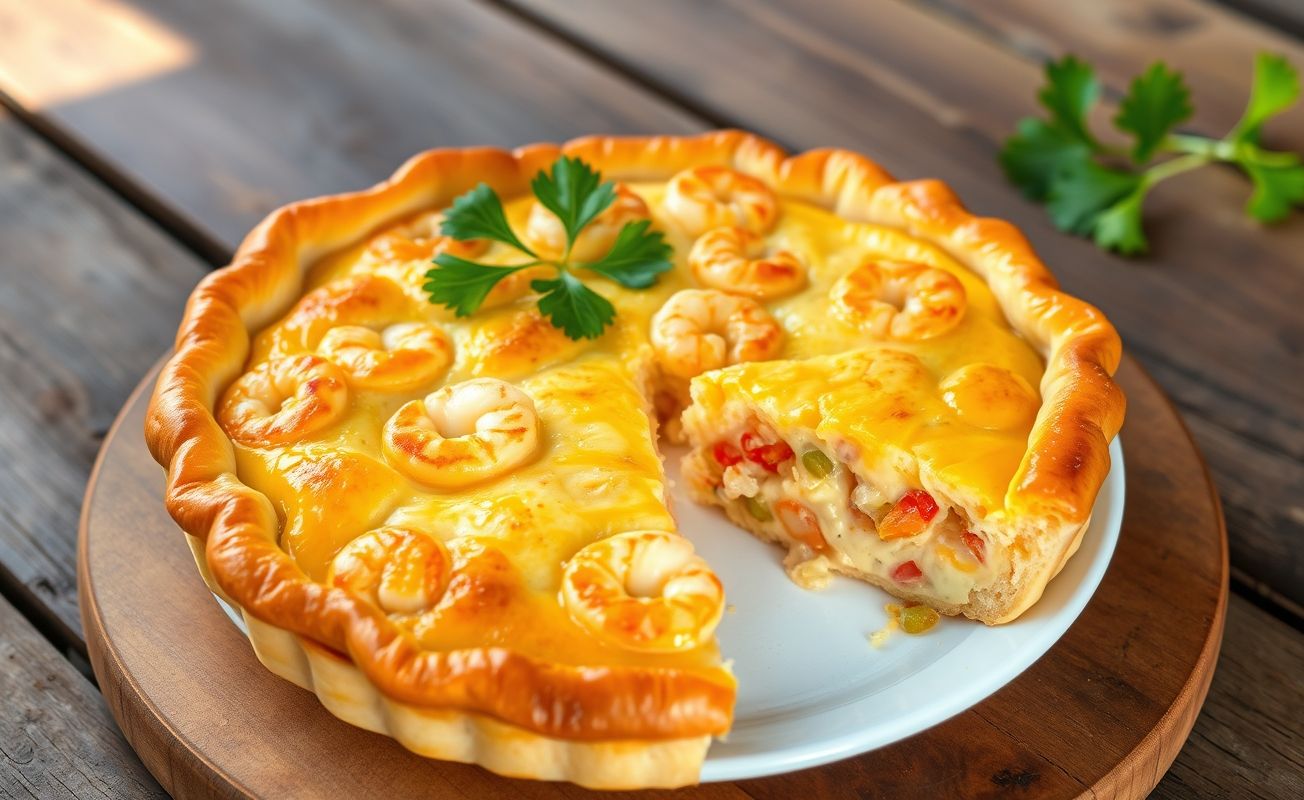 Empadão de Camarão dourado com massa crocante e recheio cremoso visível, decorado com salsa fresca