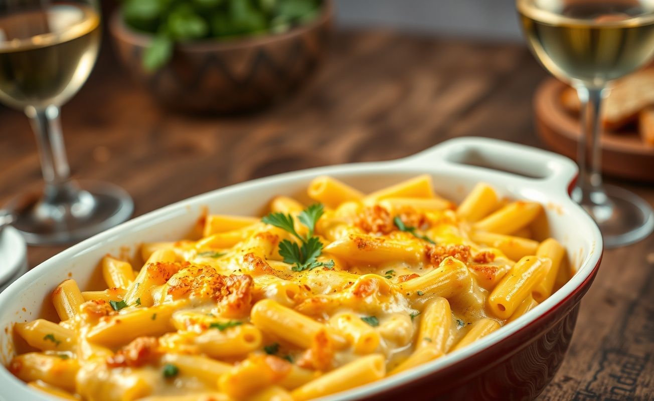 Macarrão de Forno Cremoso em refratário com queijo dourado derretido e penne coberto por molho cremoso, decorado com salsinha fresca