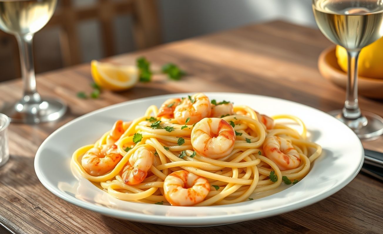 Prato de Talharim ao Molho de Camarão servido em prato branco, com massa envolta em molho cremoso e camarões rosados, decorado com salsinha fresca