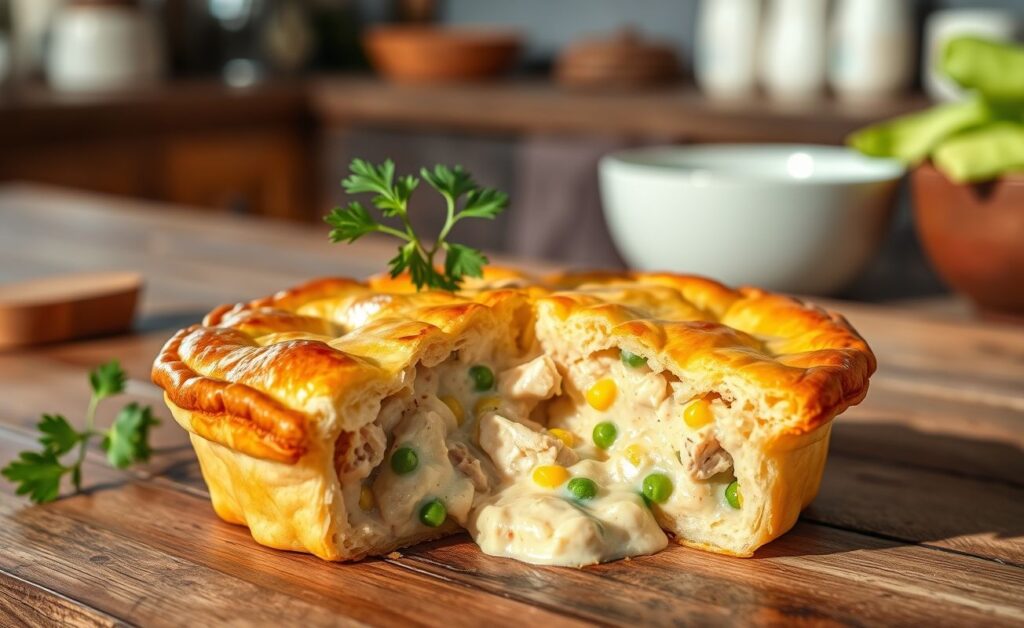 Torta de Frango Cremosa dourada com massa crocante e recheio cremoso visível em uma fatia, decorada com salsa fresca