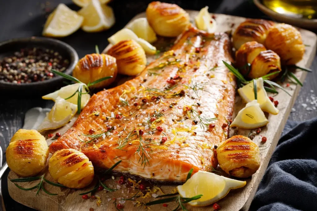 Receita de Salmão grelhado com batatas assadas e aspargos