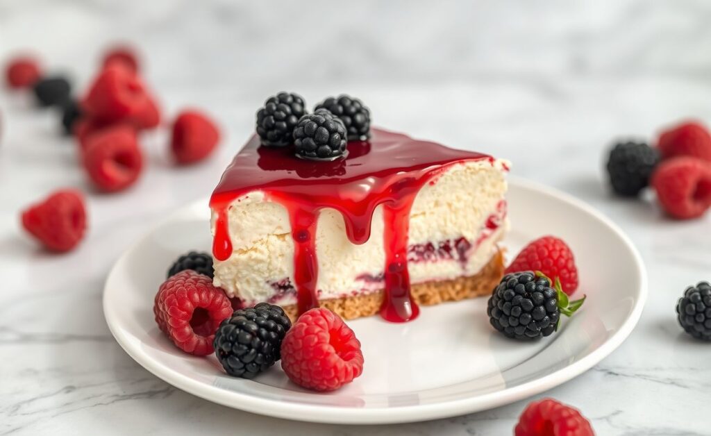 Fatia de Cheesecake de Frutas Vermelhas com calda vermelha escorrendo, base crocante e decoração com frutas frescas sobre prato branco