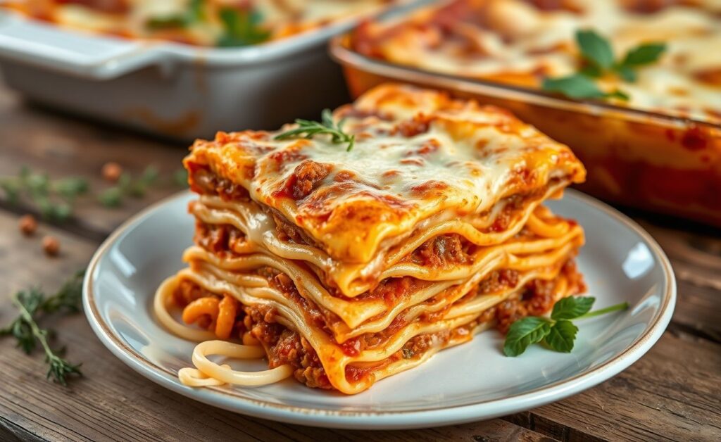 Fatia generosa de Lasanha Bolonhesa mostrando camadas de massa, molho de carne e queijo derretido com crosta dourada