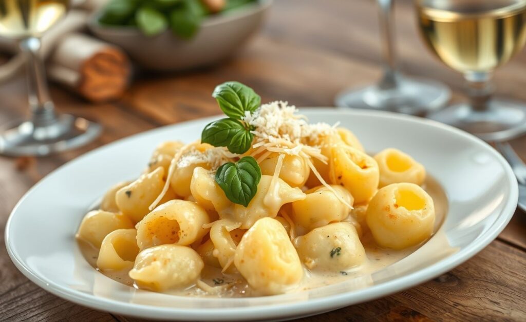 Prato de Nhoque de Batata com Molho Quatro Queijos cremoso, decorado com folhas de manjericão e queijo parmesão ralado