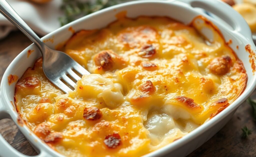 Gratinado de Batata com Queijo recém-saído do forno, com queijo derretido e dourado em camadas sobre batatas cremosas