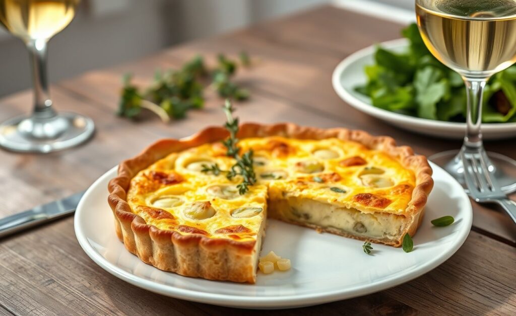 Quiche De Alho-Poró dourado com recheio cremoso visível, servido em fatias sobre mesa rústica com salada verde ao lado